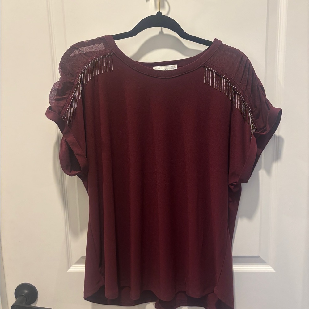 89th & Madison Deep Red Blouse with Shoulder Embellishments